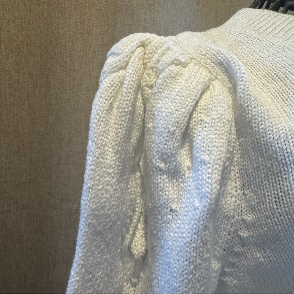 White 100% Cotton - Talbots - Puff Sleeve - Cable Knit Sweater - Large